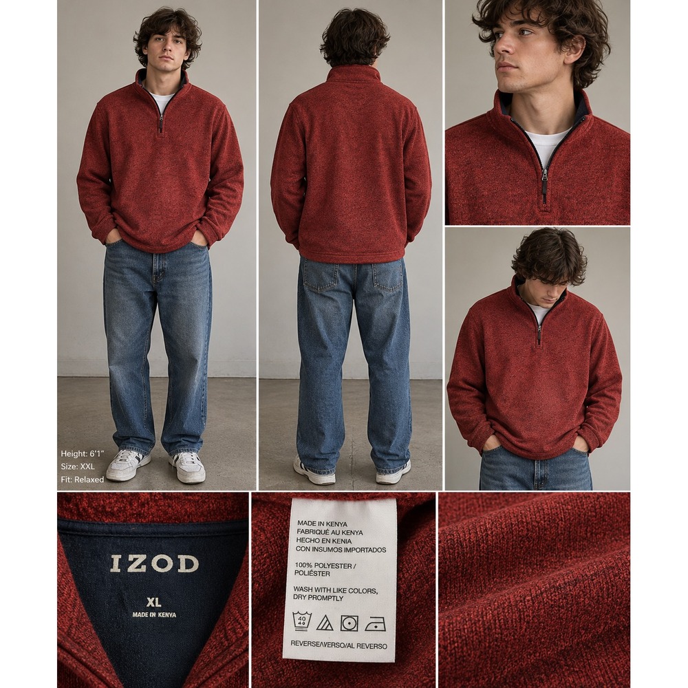 IZOD Men's XL Red Heather Sweater Knit Quarter Zip Fleece Long Sleeve Pullover
